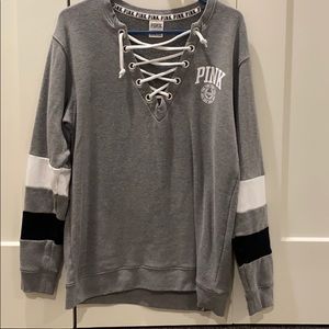 Pink CrewNeck with criss cross string in front